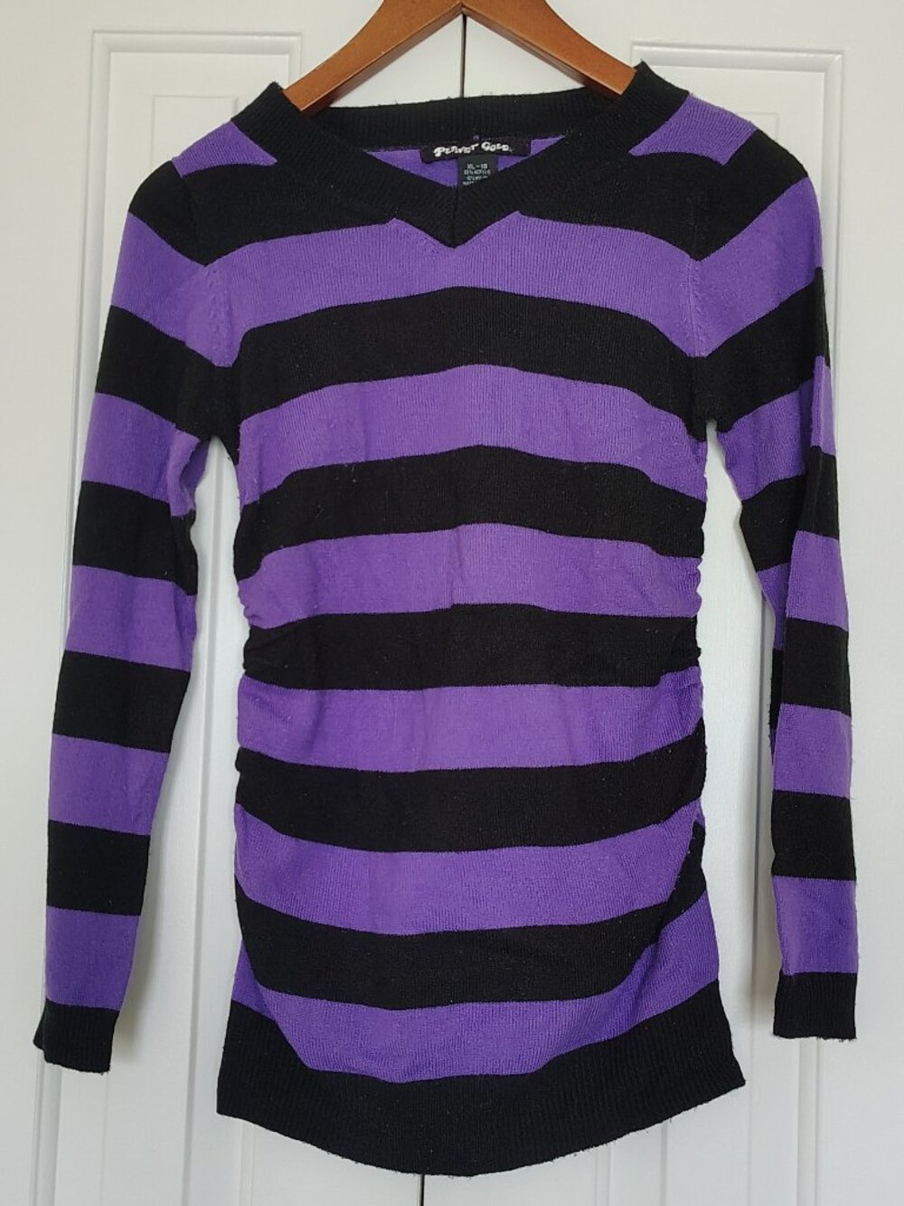 Purple & Black Striped Cinched Waist Sweater | Long Sleeve Knit Top